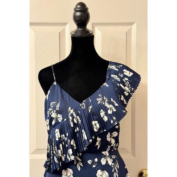 NWOT Lucy Paris Dark Blue Floral Dress Asymmetric Pleated Sleeve Lined Dress S - Picture 2 of 9